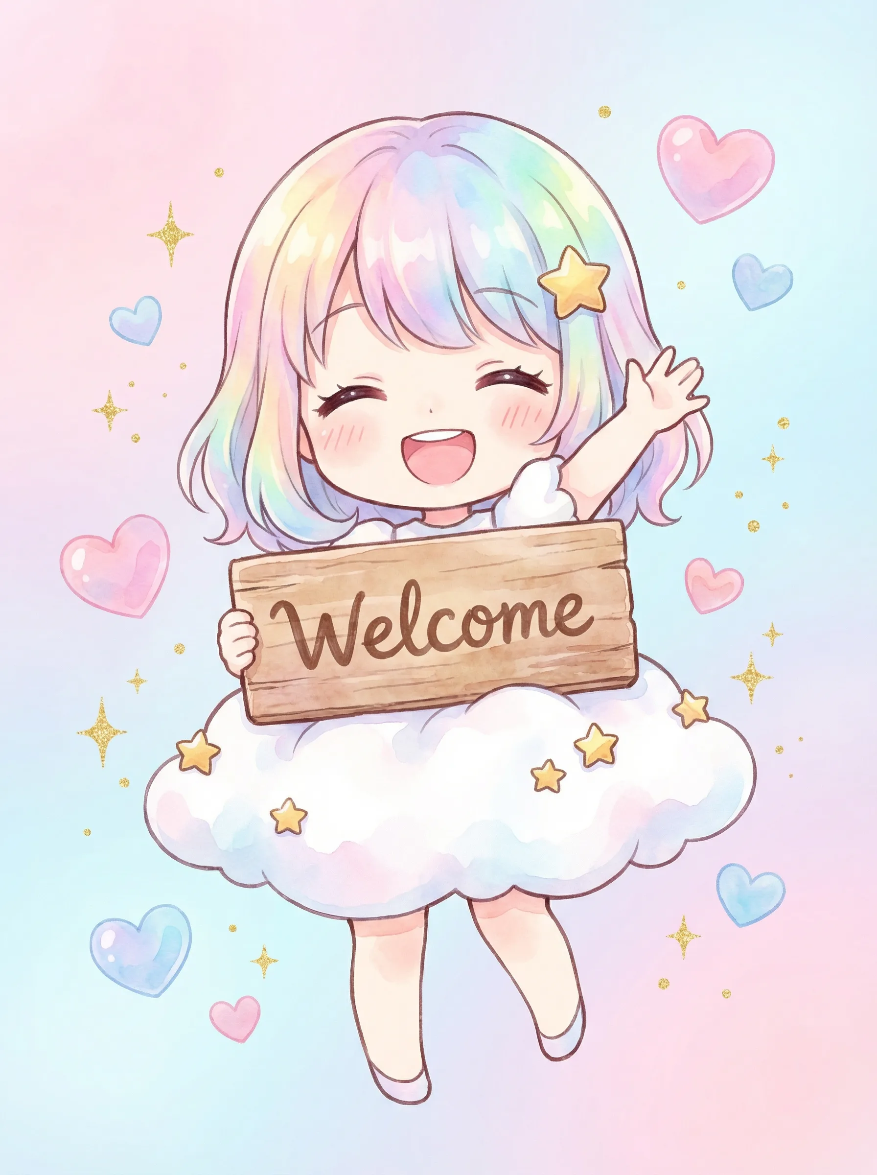 萝莉岛吉祥物 - 彩虹发少女手持欢迎牌