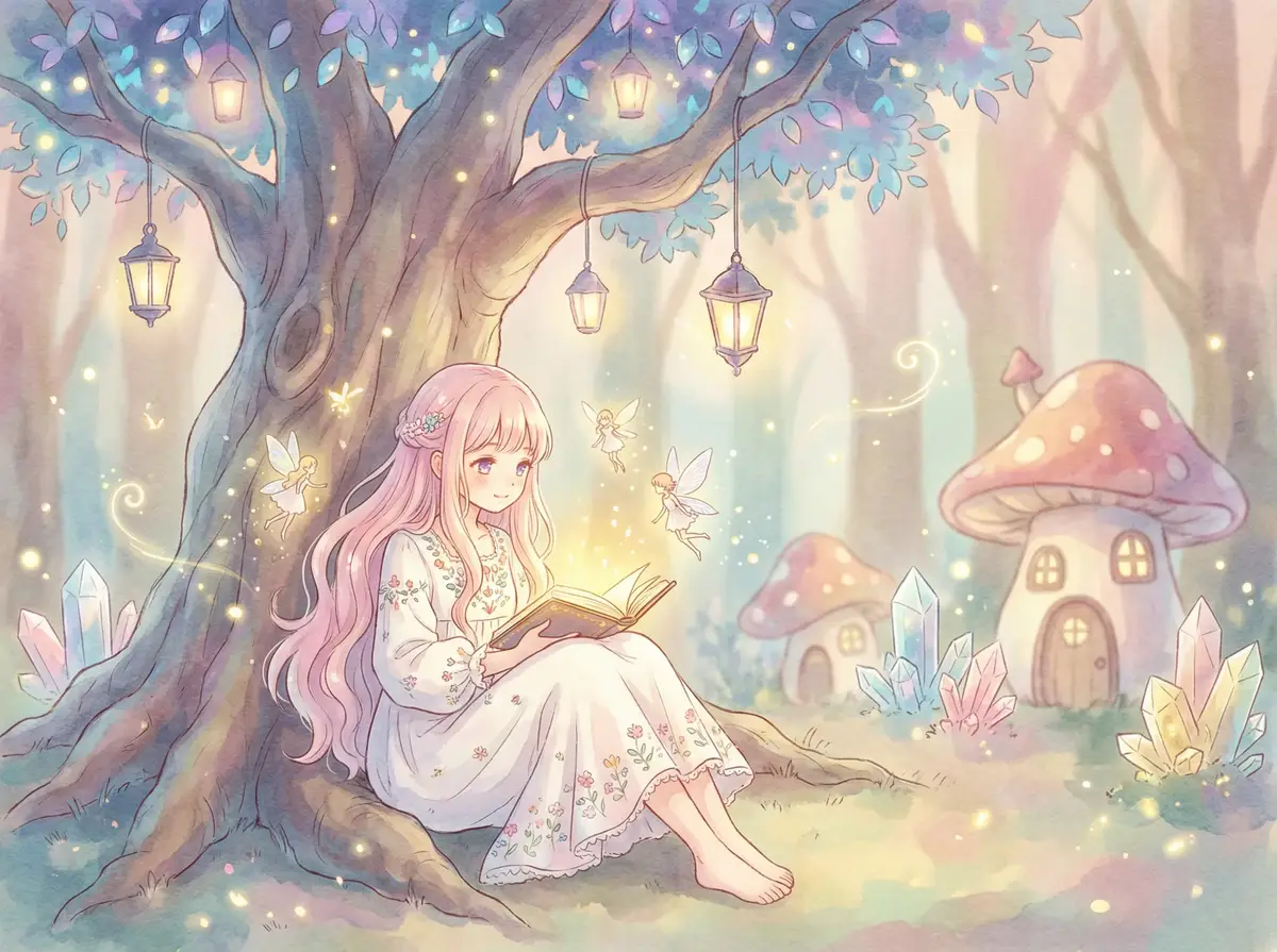 萝莉岛 - 魔法森林中阅读故事书的粉发少女与精灵