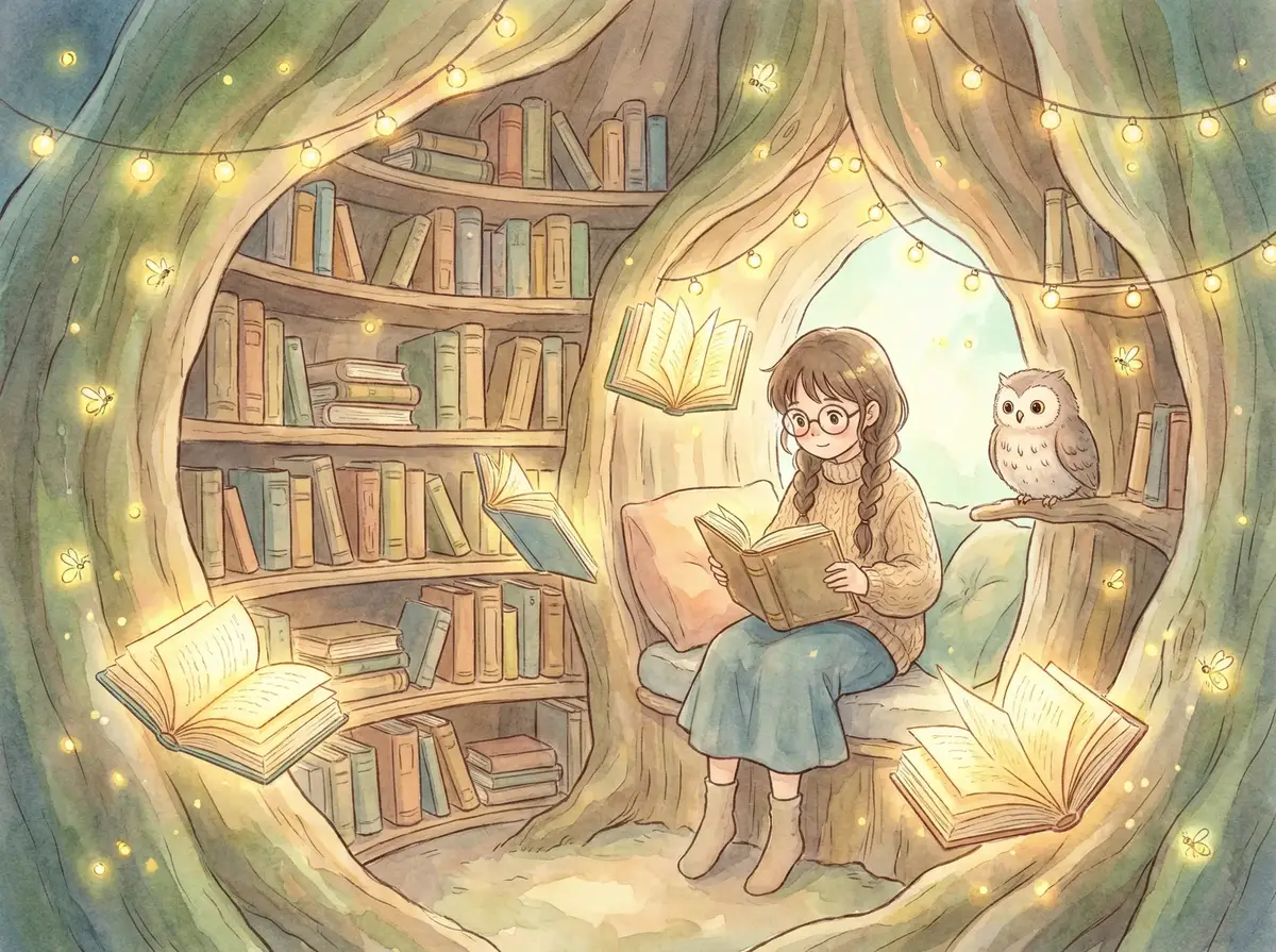 星夜绘梦作品 - 树洞图书馆中的阅读少女